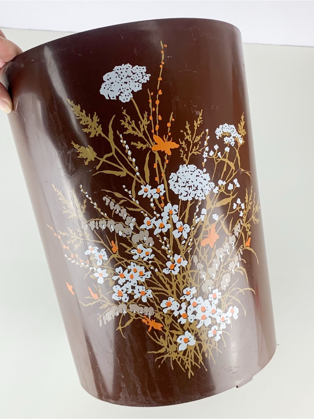 Vintage Hard Plastic Brown Autumn Floral Waste Bin Trash Basket Retro Kitschy